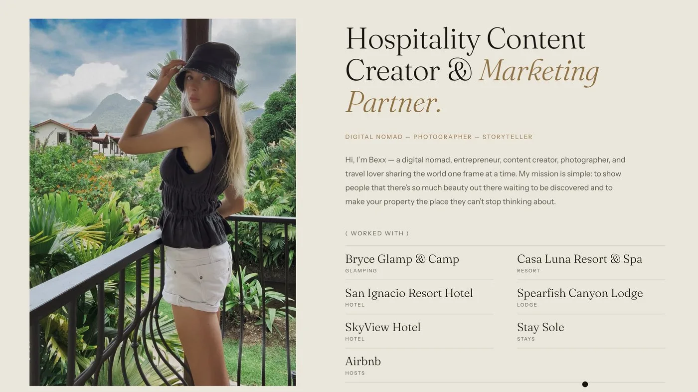 The About section listing hospitality clients including Bryce Glamp and Camp and Casa Luna Resort and Spa.