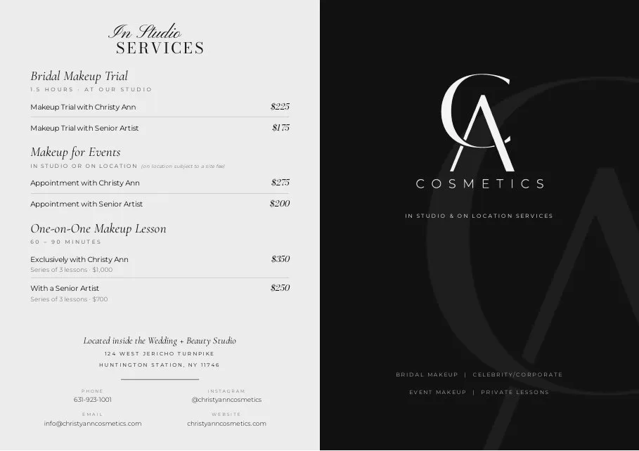 Booklet cover and opening services page  the monogram given room to carry the brand.
