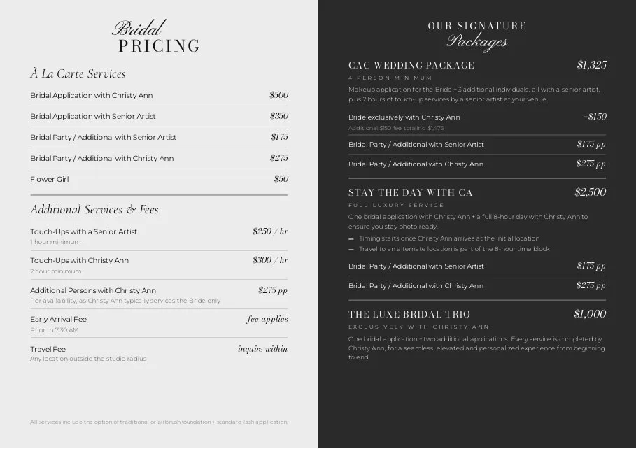 Bridal pricing and signature packages, set in a restrained serif with generous white space.