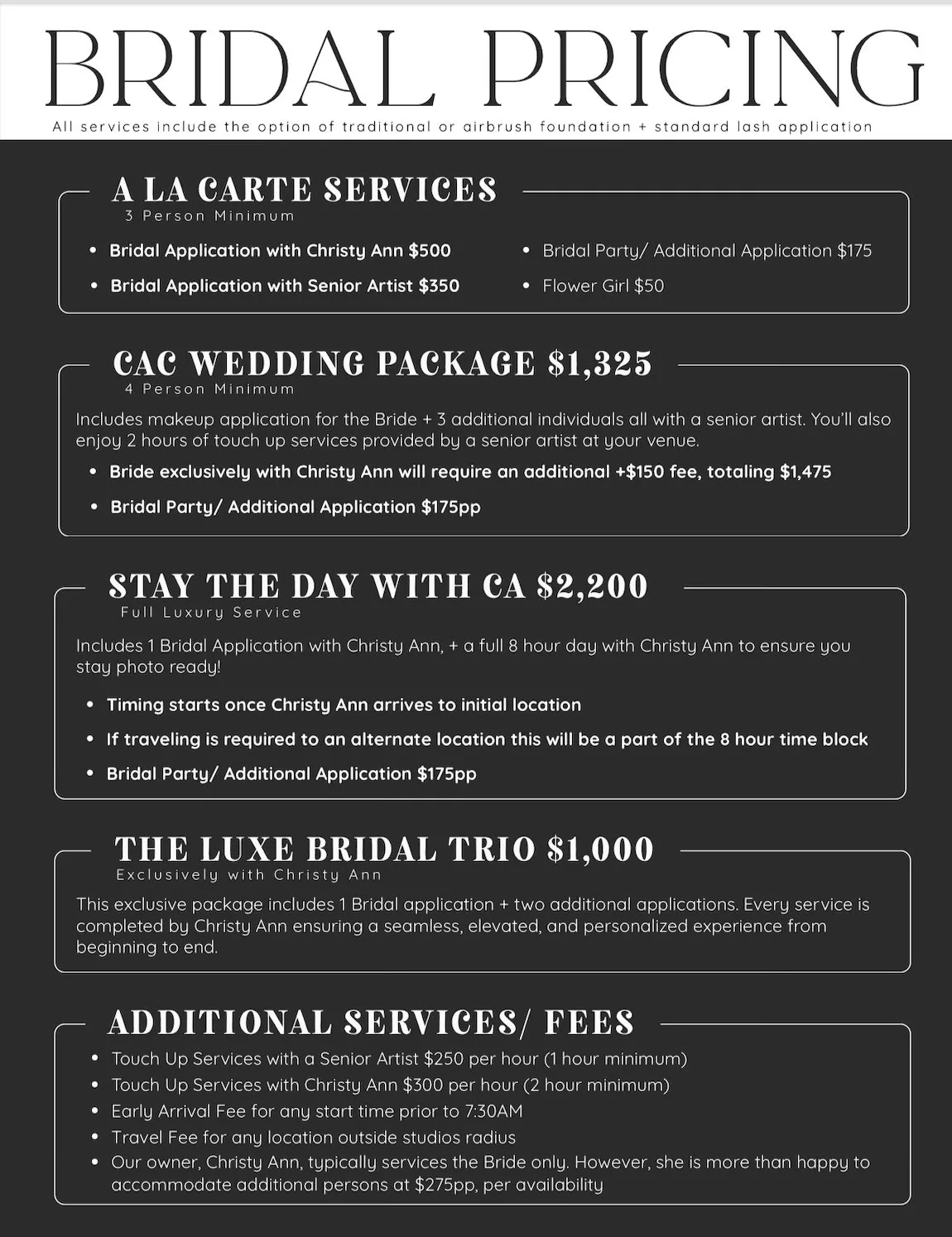 Pricing set as dense lists, with little hierarchy to lead the eye down the page.