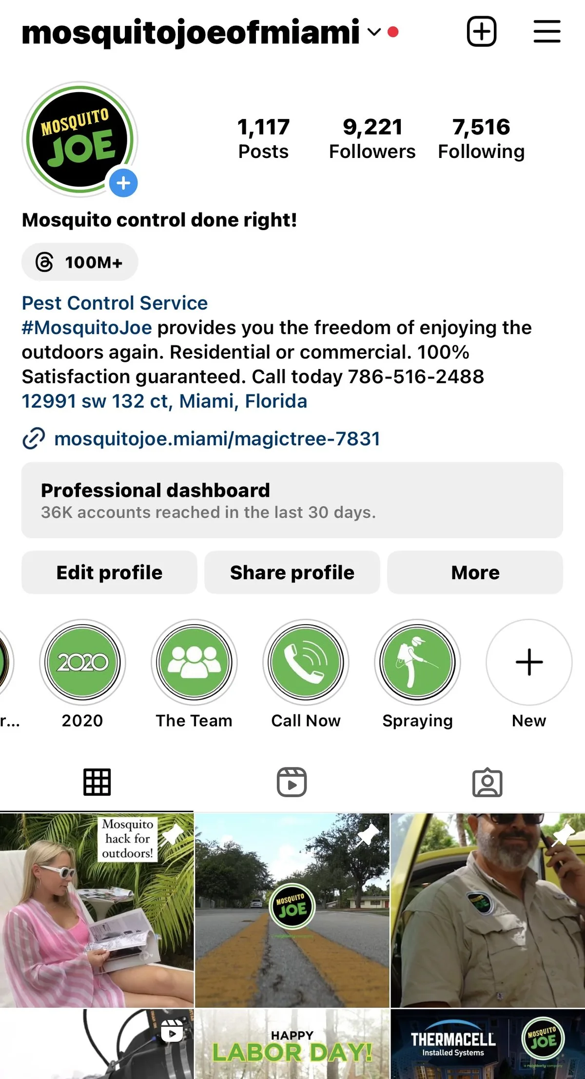 The optimized Mosquito Joe of Miami Instagram profile