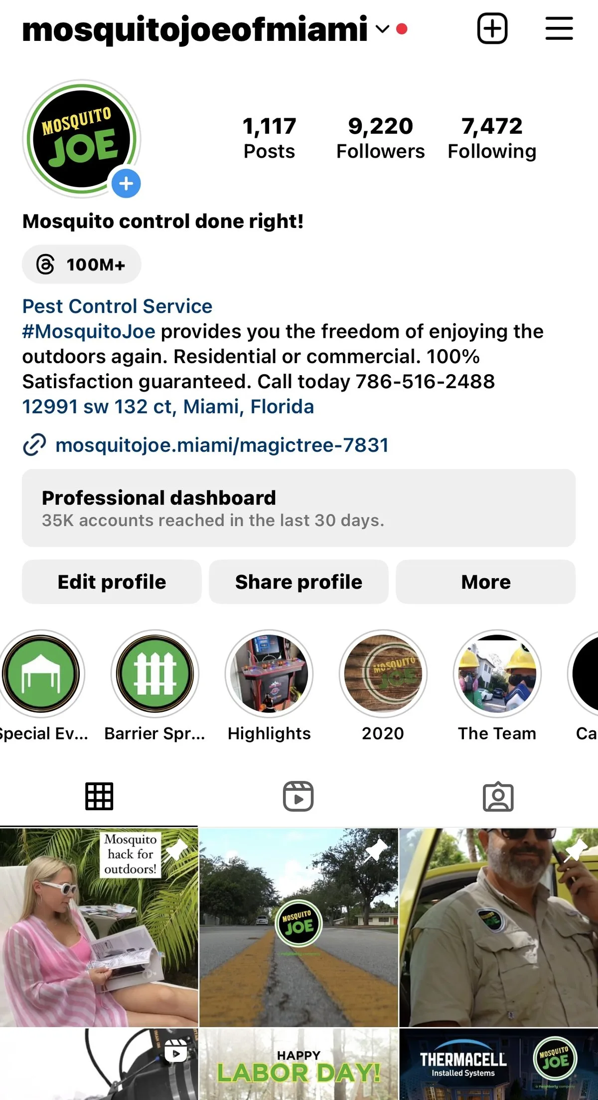 The Mosquito Joe of Miami Instagram profile before the audit