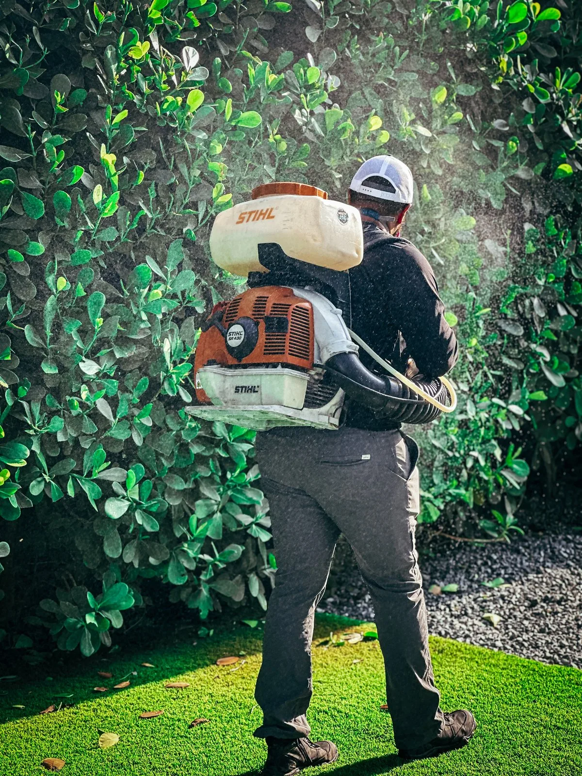 A technician with a backpack sprayer in a garden