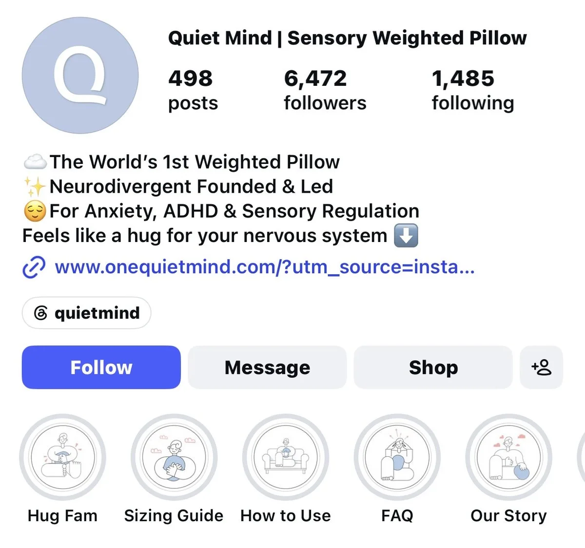 The optimized Quiet Mind Instagram profile and highlights