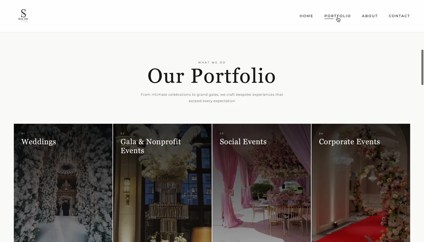 Portfolio organized by event type so visitors self-select straight away.
